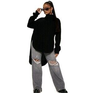 NWT Fashion Nova Noor Sweater S Black Turtleneck High Low Oversized Chunky Knkt